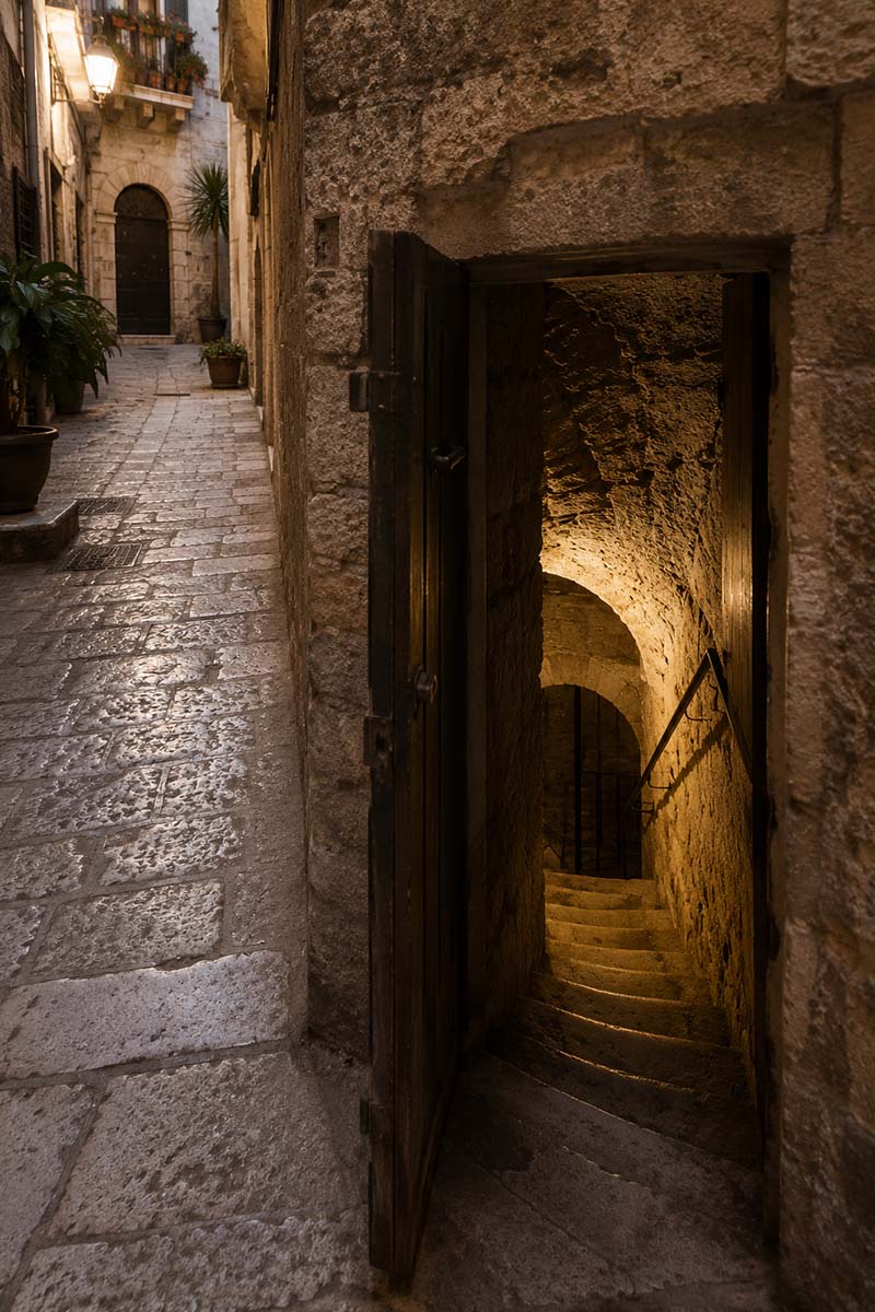 Ingresso sotterraneo tra i vicoli di Bari Vecchia con scala in pietra illuminata