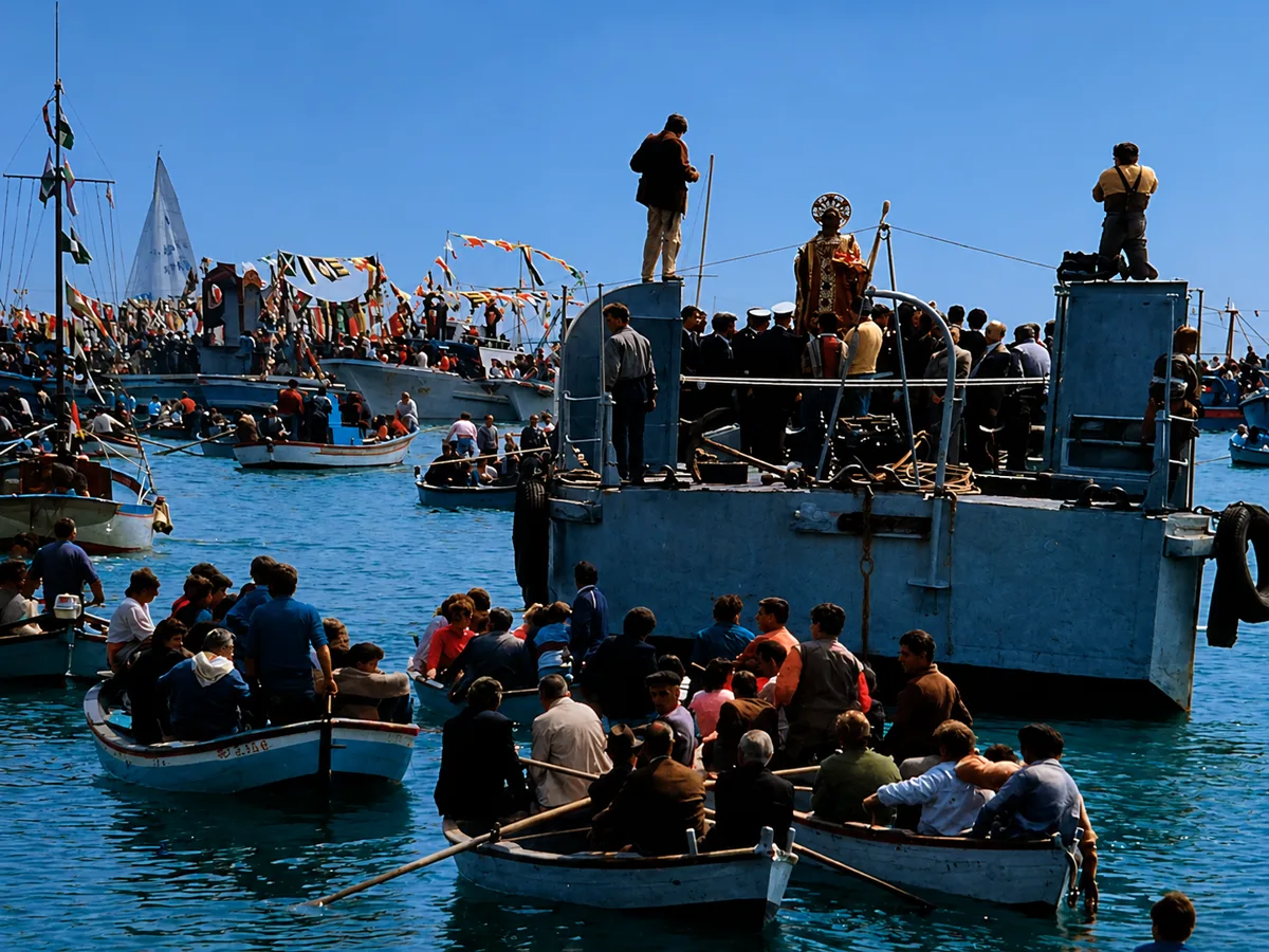 La statua di San Nicola portata in processione sul mare di Bari, seguita dalle barche dei pescatori