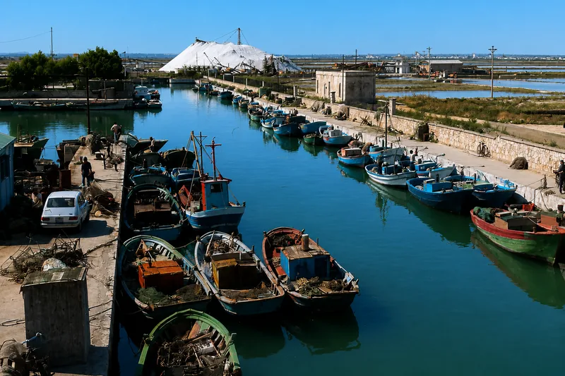 Canale delle saline di Margherita di Savoia con barche da pesca ormeggiate e cumulo di sale