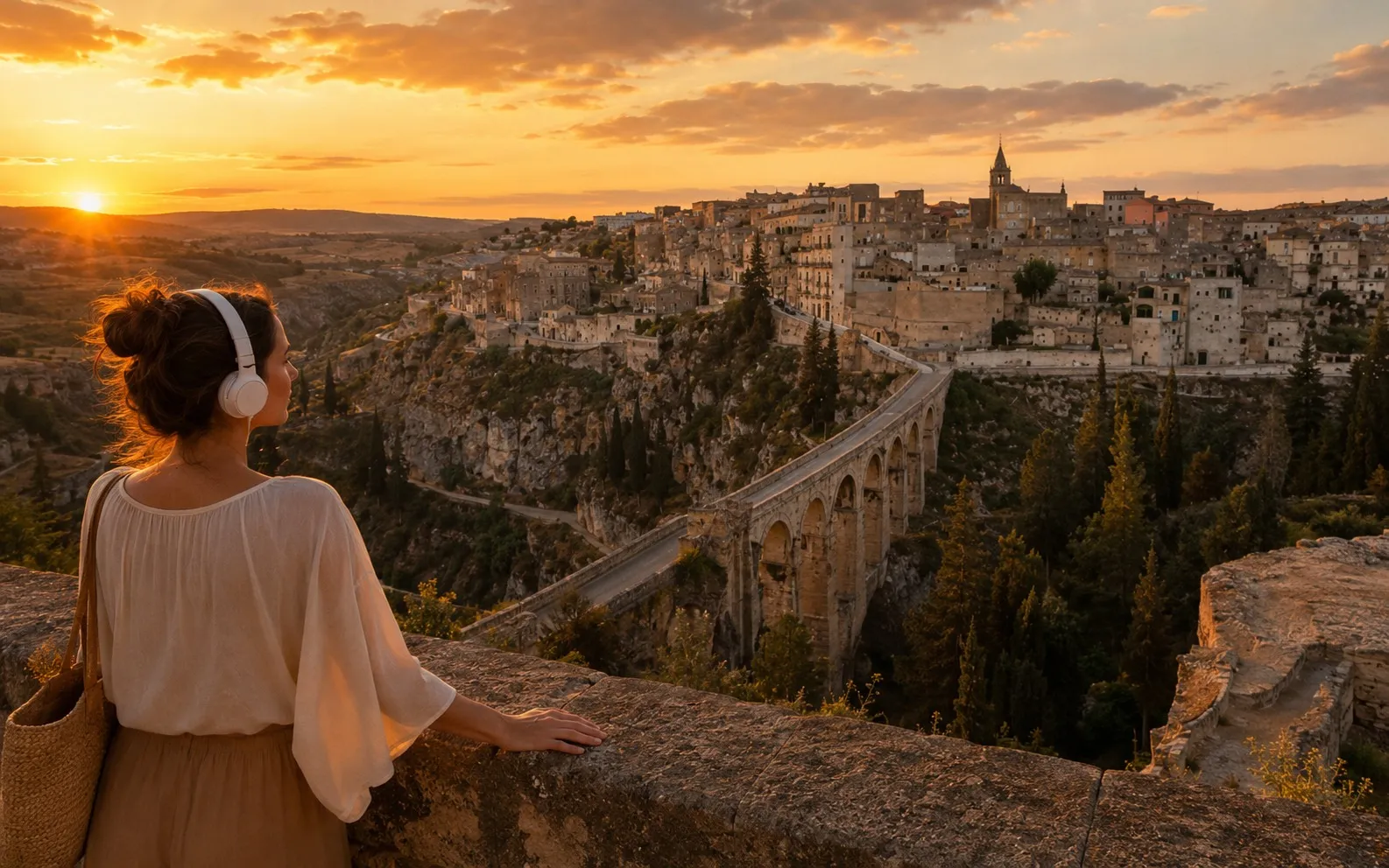 La Gravina di Matera vista dal bordo del canyon con la vegetazione tipica