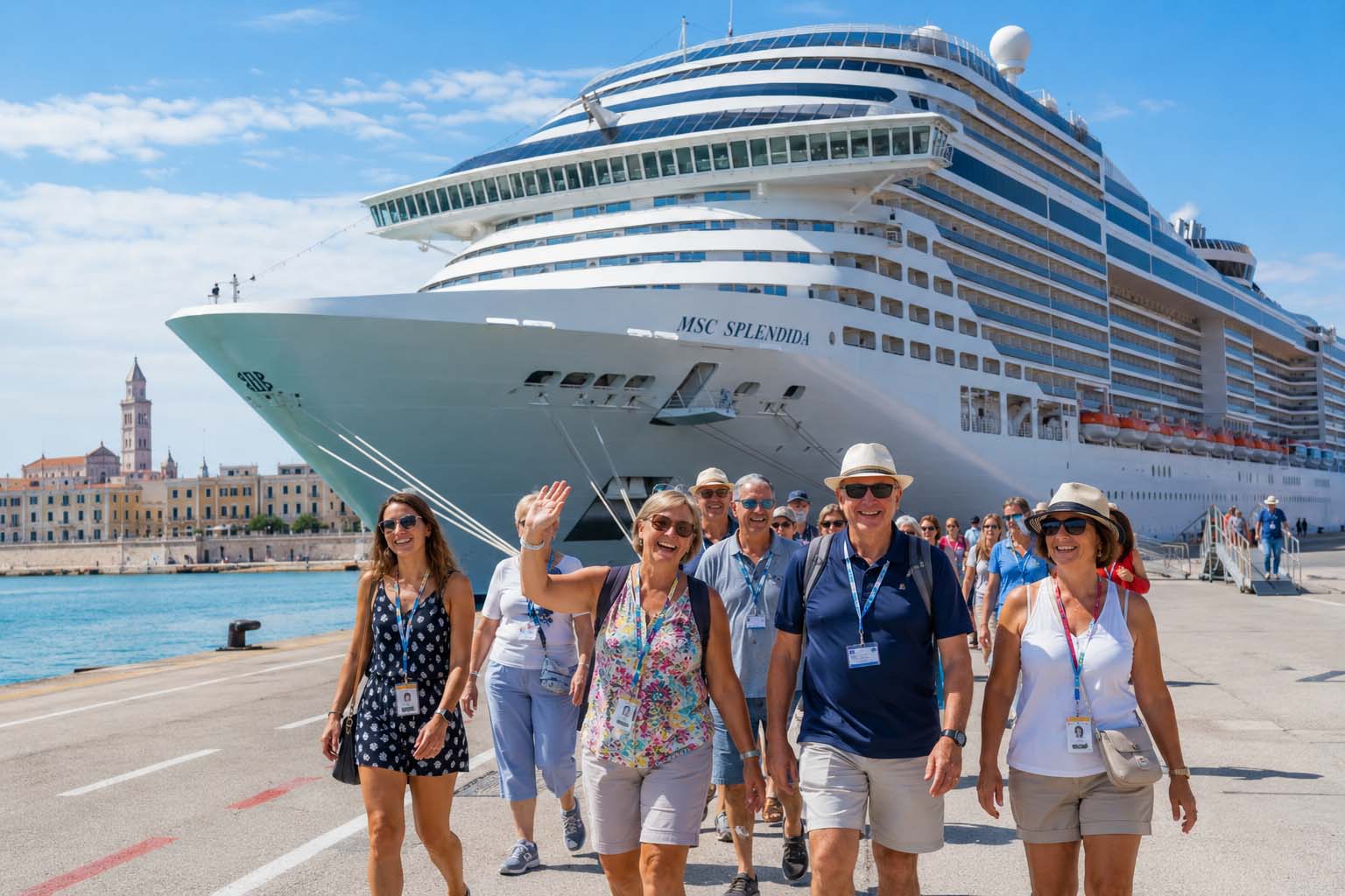 Gruppo di crocieristi sbarca a Bari davanti alla nave MSC Splendida; lungomare del porto sullo sfondo, sole pieno