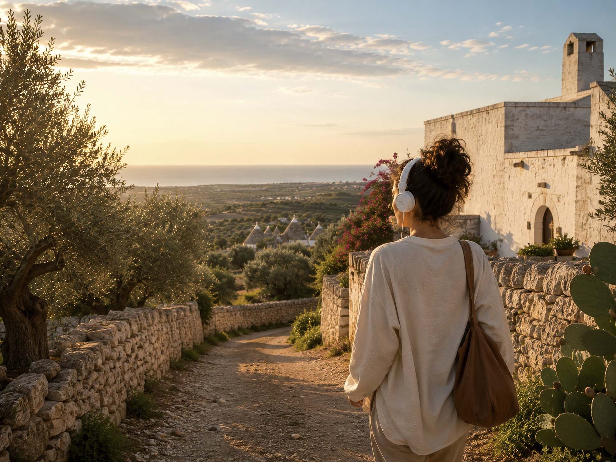 Una ragazza con cuffie sul lungomare di Bari al tramonto: cattedrale e palazzi storici a destra, sole che cala sul mare a sinistra